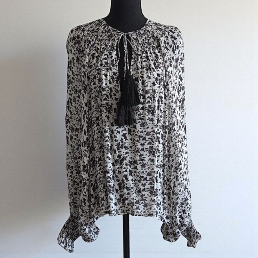 Karina Grimaldi Silk Oversized Balloon Sleeve Floral Print Top Black Ivory M